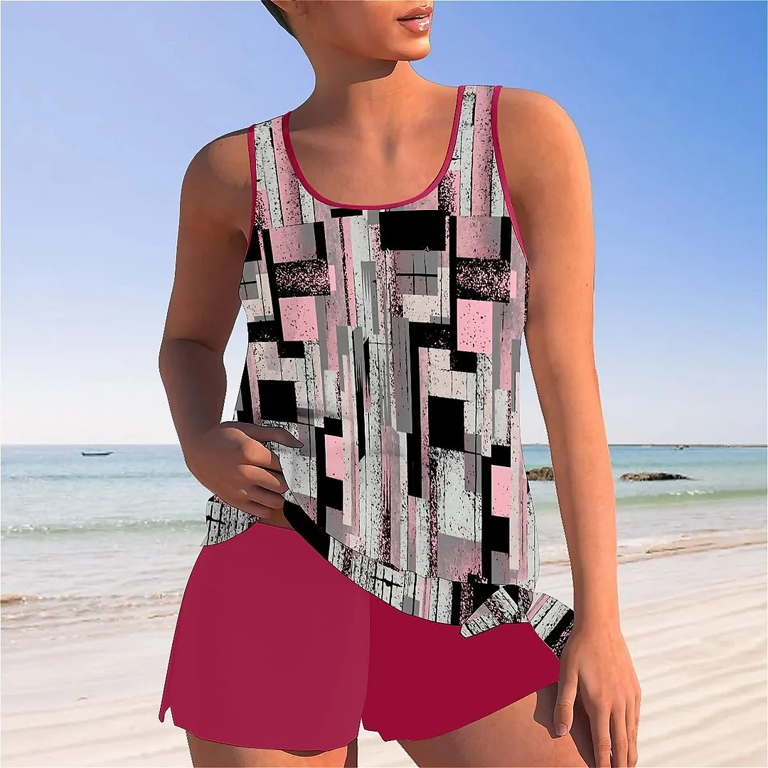 Bowknot Plaid,Pink,Black Mid Waisted Tankini Set - Plus Size Available