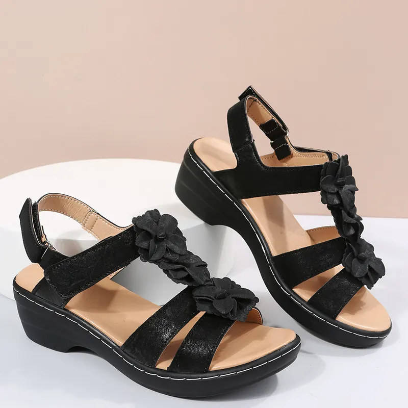 Breakj Breakj 2025 New Hollow Slope And Fish Mouth Flowers Leisure Comfortable Large Size Sandals Women