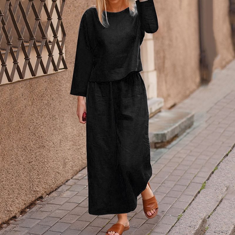 Casual Loose Solid Shirt Trousers Two Piece Set