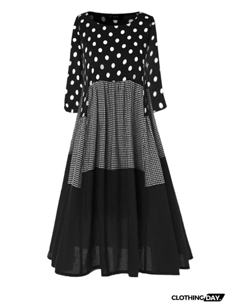 Vintage Style Scoop Neck Polka Dot Long Sleeve Pleated Maxi Dress