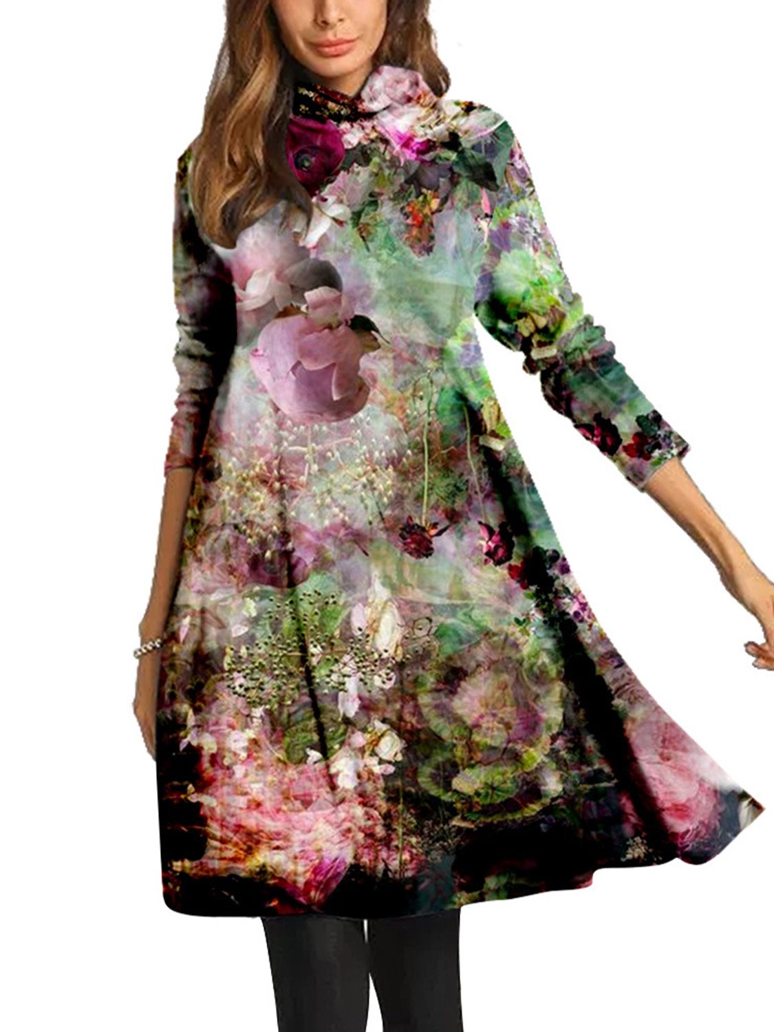 Women Long Sleeve Scoop Neck Printed Midi Dress