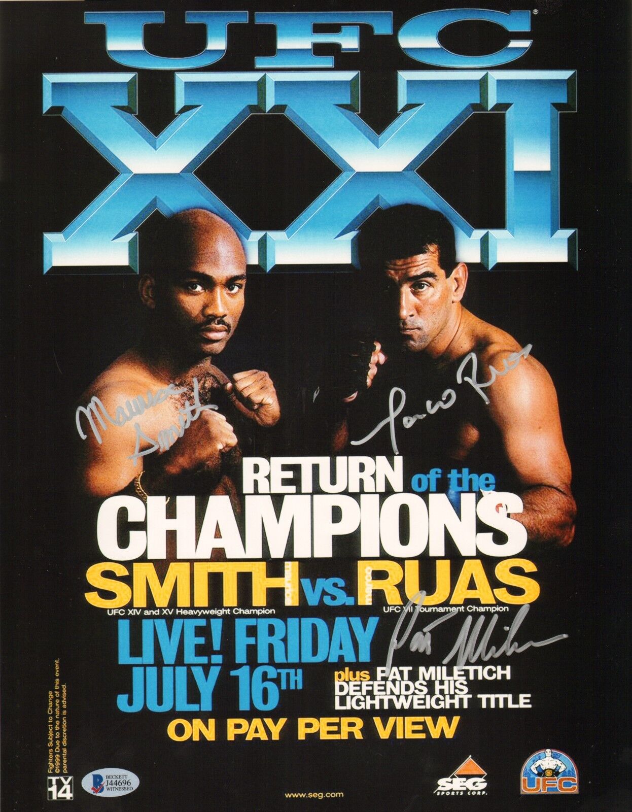 Pat Miletich Maurice Smith & Marco Ruas Signed UFC 21 Poster 11x14 Photo Poster painting BAS COA