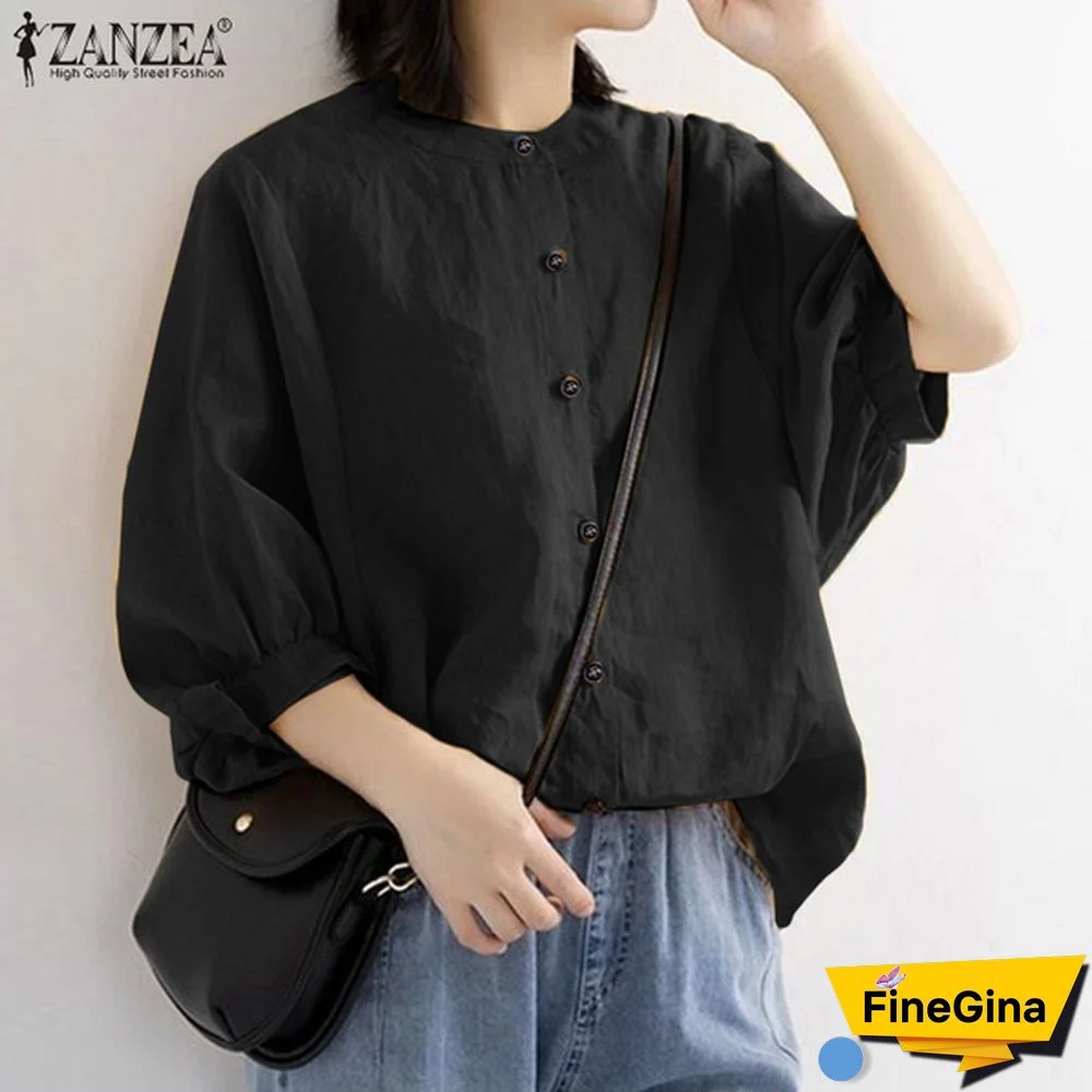 ZANZEA Cotton Tops Spring Autumn Shirt 3/4 Sleeve Single Breasted Button Shirt Blouse Vintage Clothes