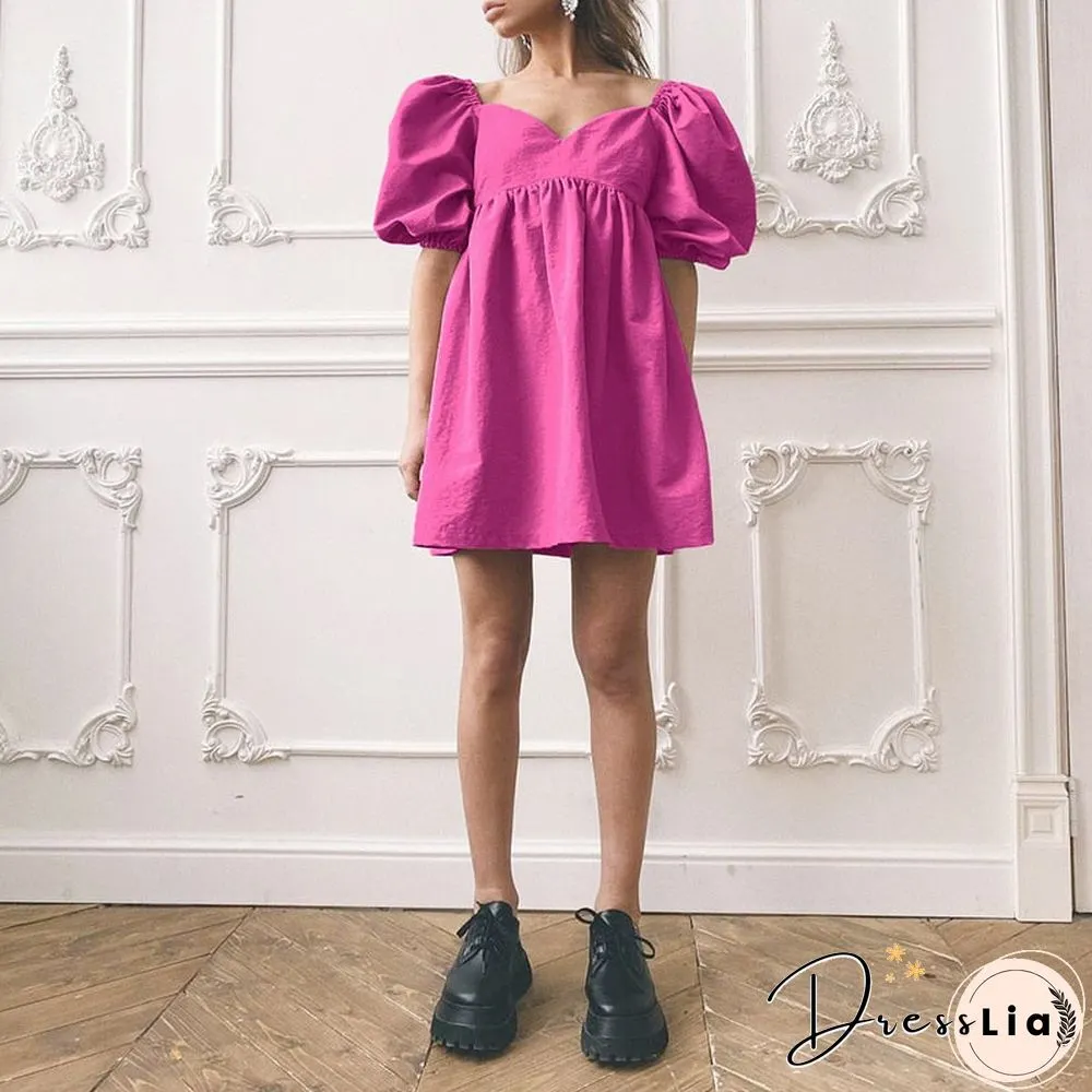 Cotton V-Neck Loose Lantern Sleeve Mini Dress Fashion Blue Summer Women A-Line Solid Retro