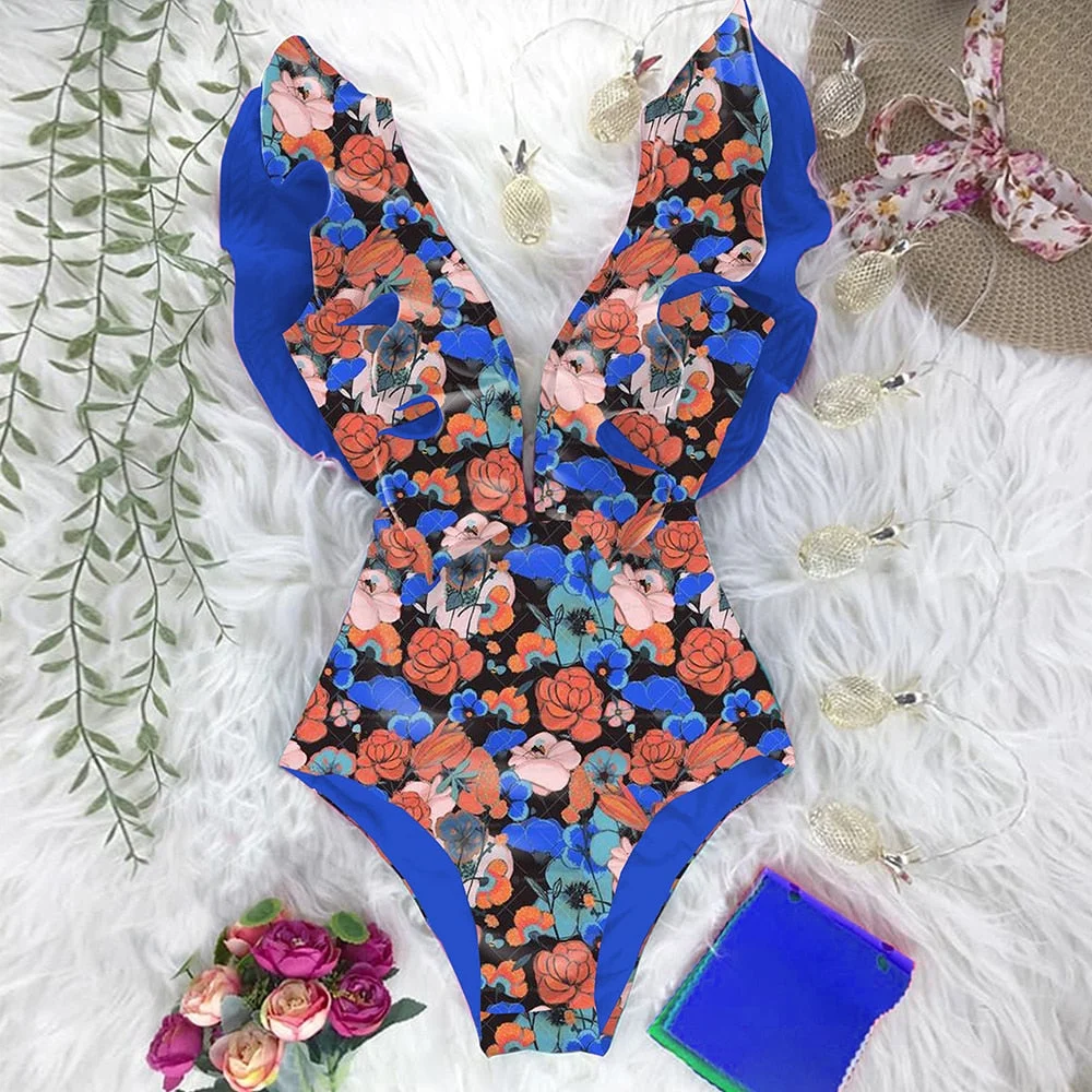 2022 New Sexy Ruffle Print Floral One Piece Strappy Slimming Swimwear Women Swimsuit Deep-V Bathing Suit Beach Wear Monkini