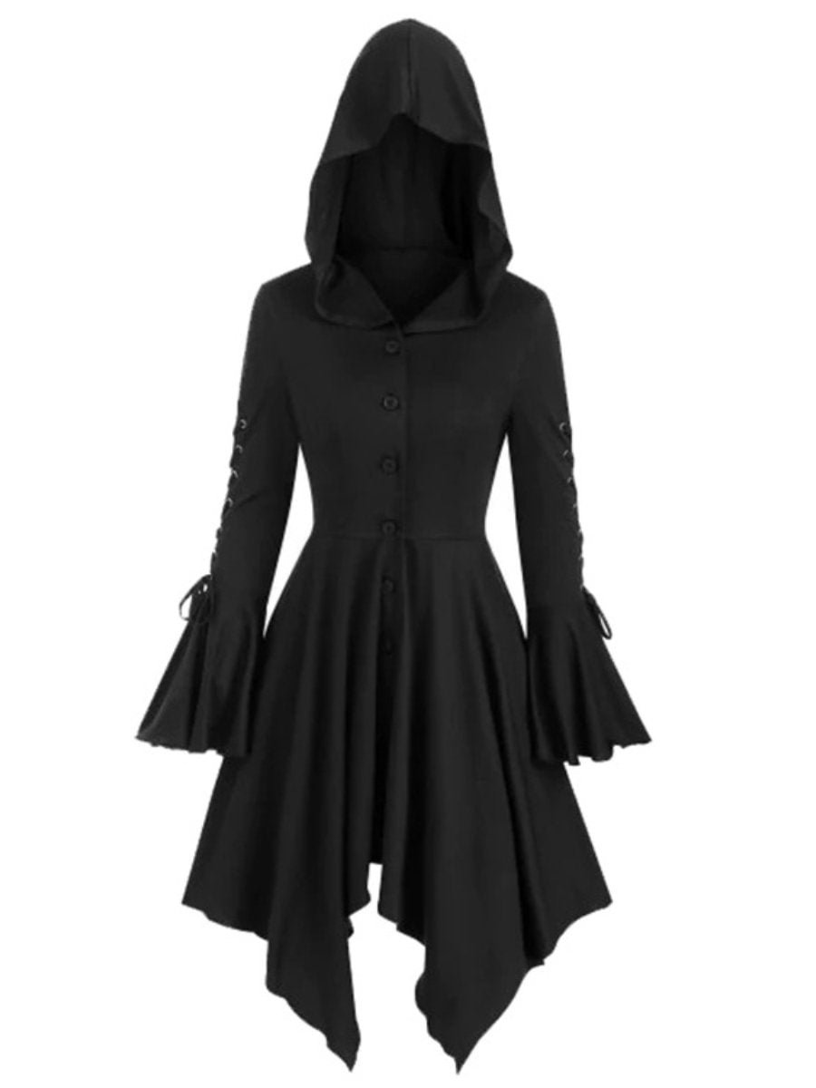 Women's Hooded Cloak Dress Ruffled Sleeve Lace Up High Low Capes Costume
