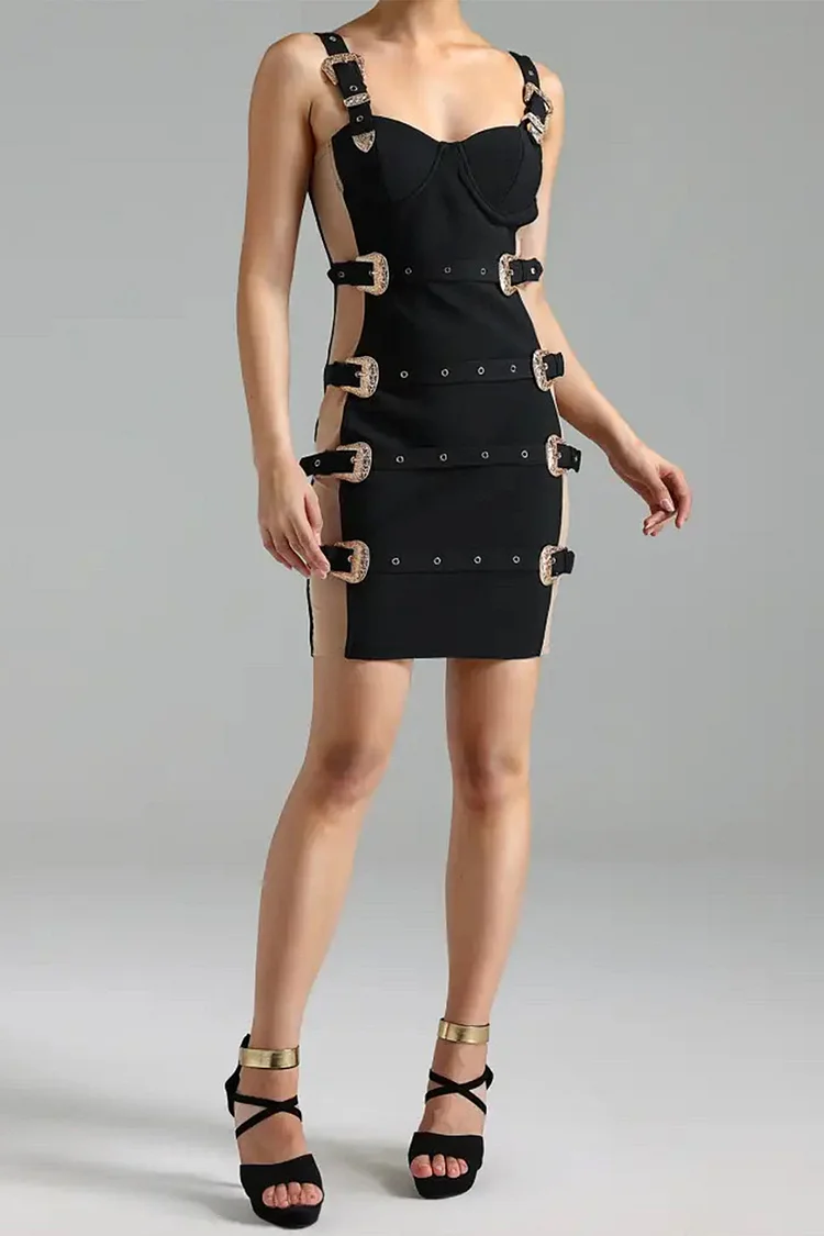 Eyelet Buckle Side Mesh See-Through Mini Dress-Black