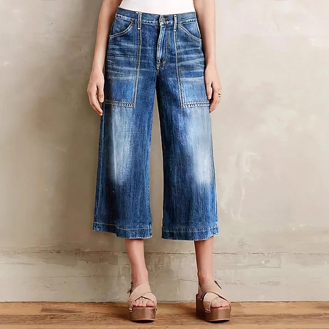 Women's Denim Trousers Straight Loose Seven-point Wide-leg Street Style Denim Jeans