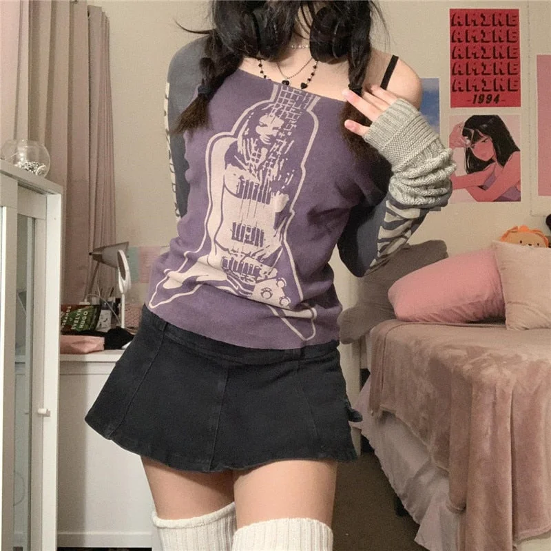 Xingqing Angel Wings Print Tops Fairy Grunge Graphic T Shirts Vintage Indie Aesthetic Clothes Cyber Y2k Slim Long Sleeve Top