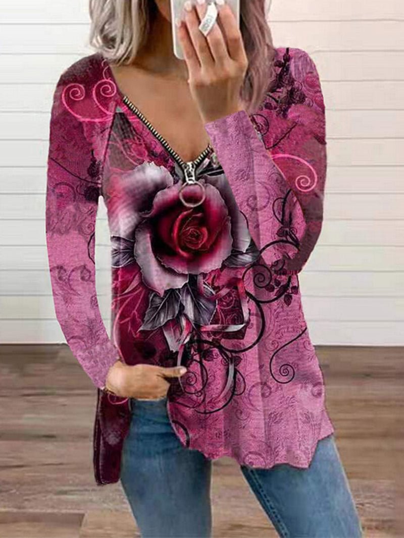 V-neck zipper rose flower print long-sleeved T-shirt