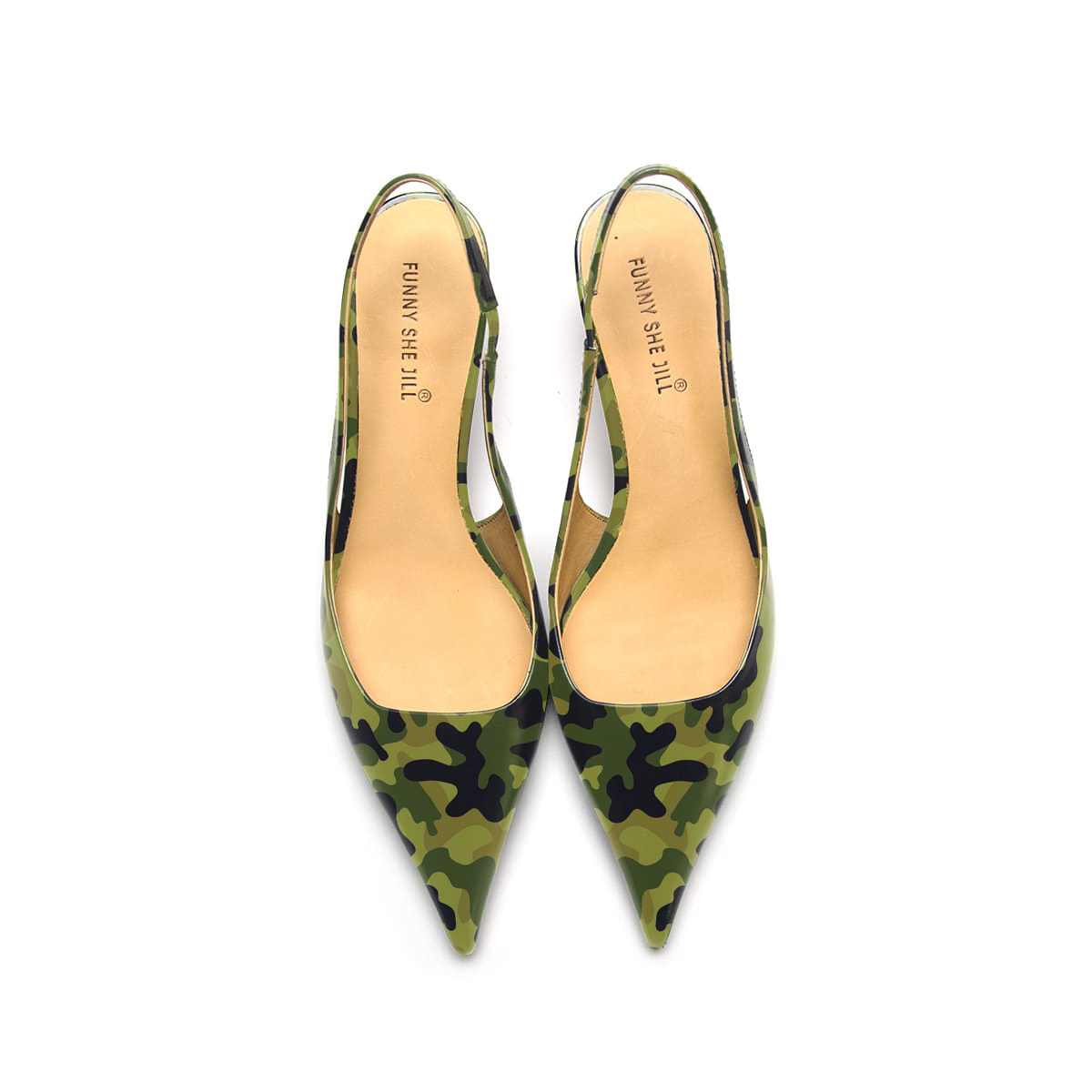 Green Camouflage Printed Pointed Toe Kitten Heel Slingback Pumps Nicepairs