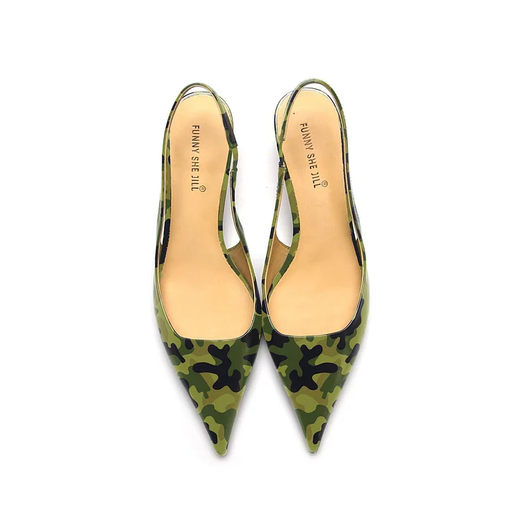 Camouflage Patent Leather Slingback Kitten Heels Vdcoo