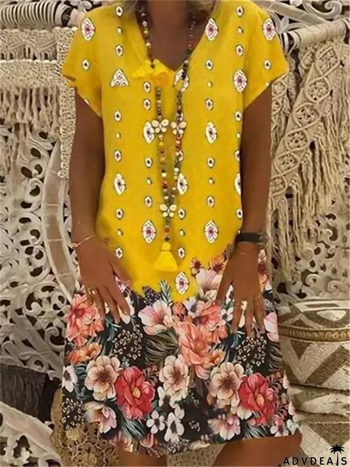 Casual Fit Short Sleeve V Neck Floral Printed Pullover Midi Dress