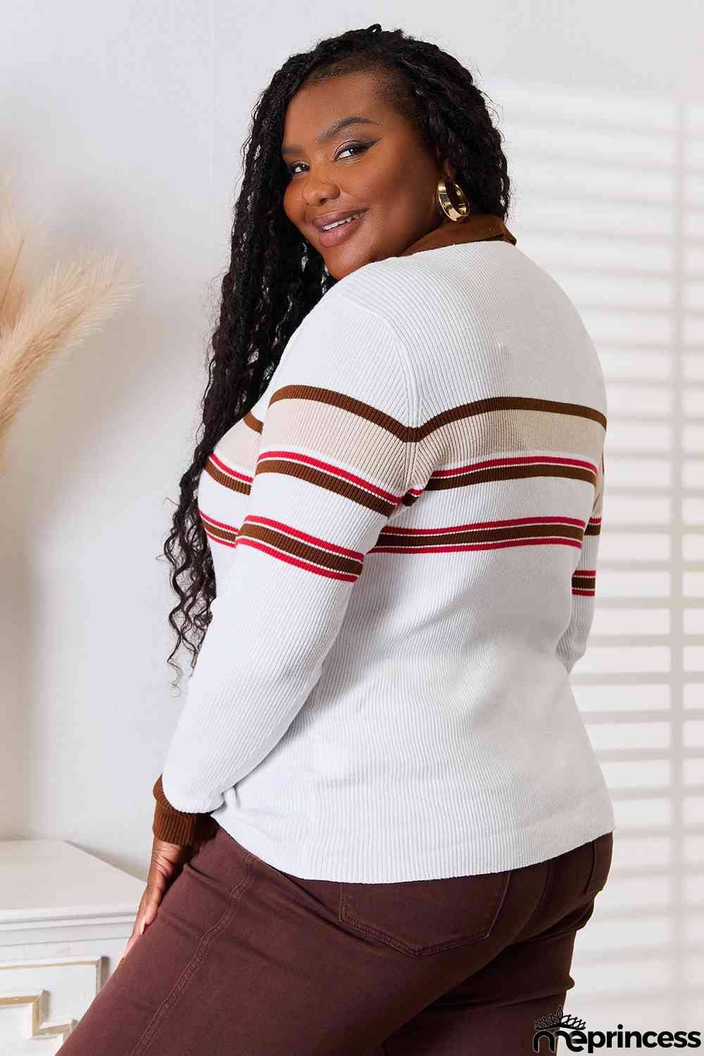 Basic Bae Striped Collared Neck Rib-Knit Top