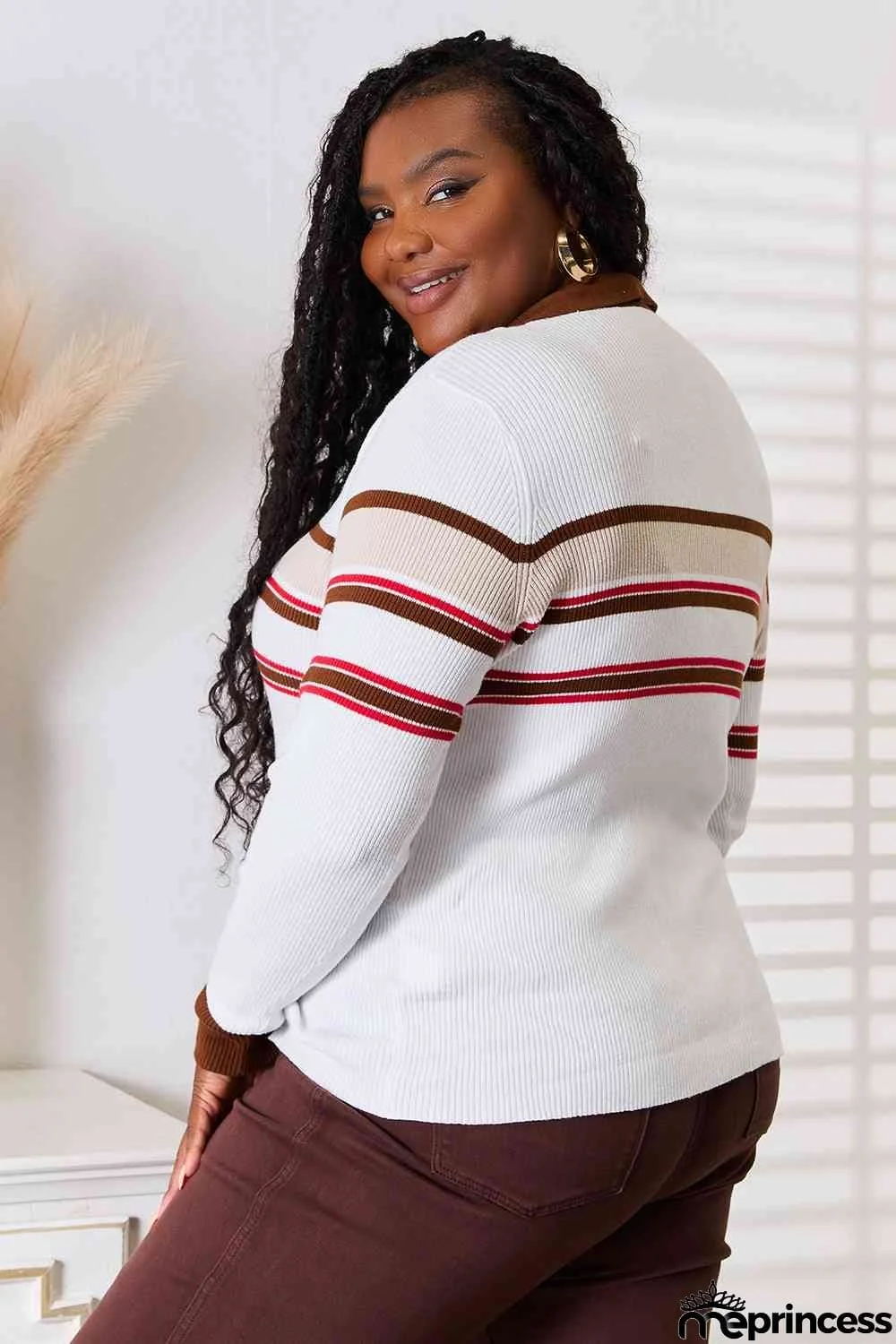 Basic Bae Striped Collared Neck Rib-Knit Top