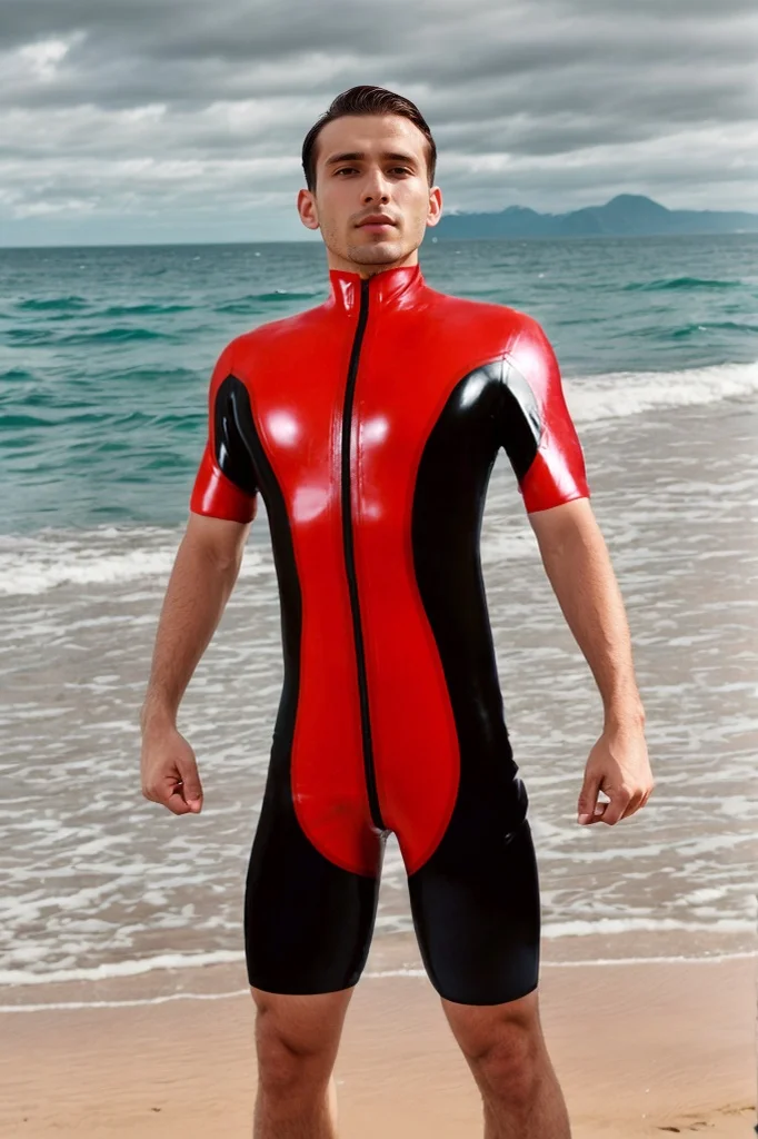 Men Latex Bodysuits Two-Tones Zipper Wetsuit