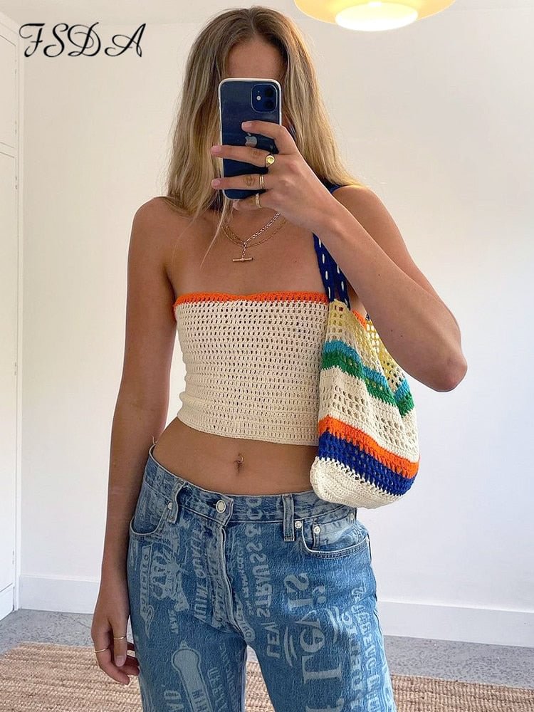 FSDA 2022 Summer Knitted Strapless Crop Top Women Y2K Patchwork Green Sleeveless Backless Vintage Bandage Tank Tops Corset Sexy