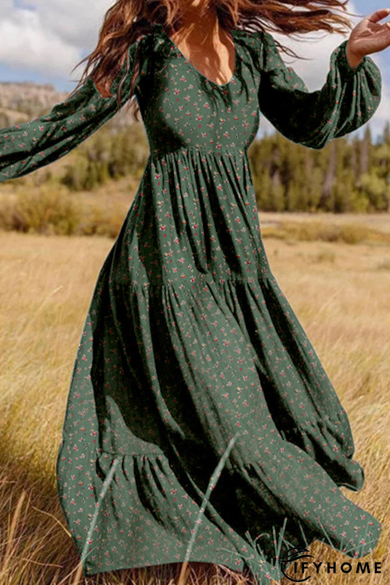 Elegant Floral Patchwork V Neck Printed Dress Dresses | IFYHOME