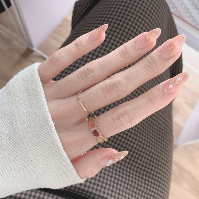 24pcs Gentle Nude Color Gradient Natural Paillette Decor Fake Nails Temperament Elegant Wearable Detachable Fingernail T-Nail Inspo