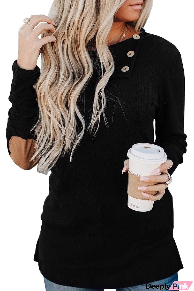 Army Green Buttoned Neck Knit Long Sleeves Top