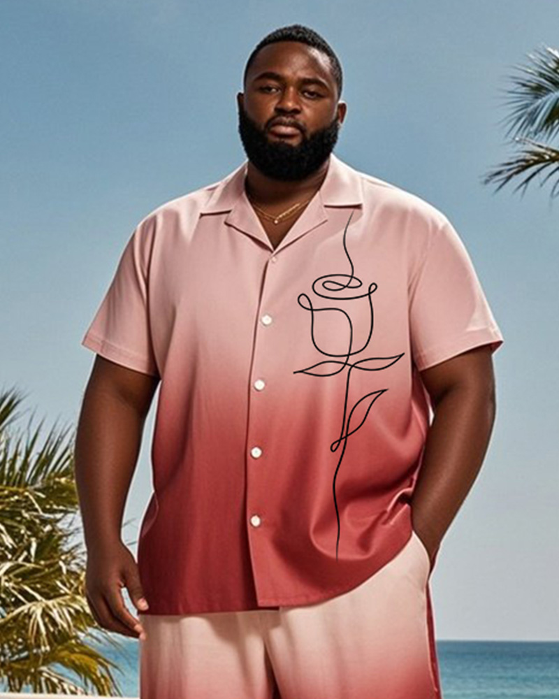 Big & Tall Men's Hawaiian Vacation Red Gradient Line Rose Print Shirt Shorts Suit