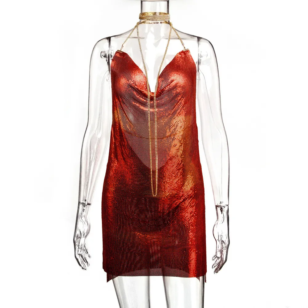 Uveng Uveng Station Fashion Nightclub Low Back Strapless Deep V Metal Dress