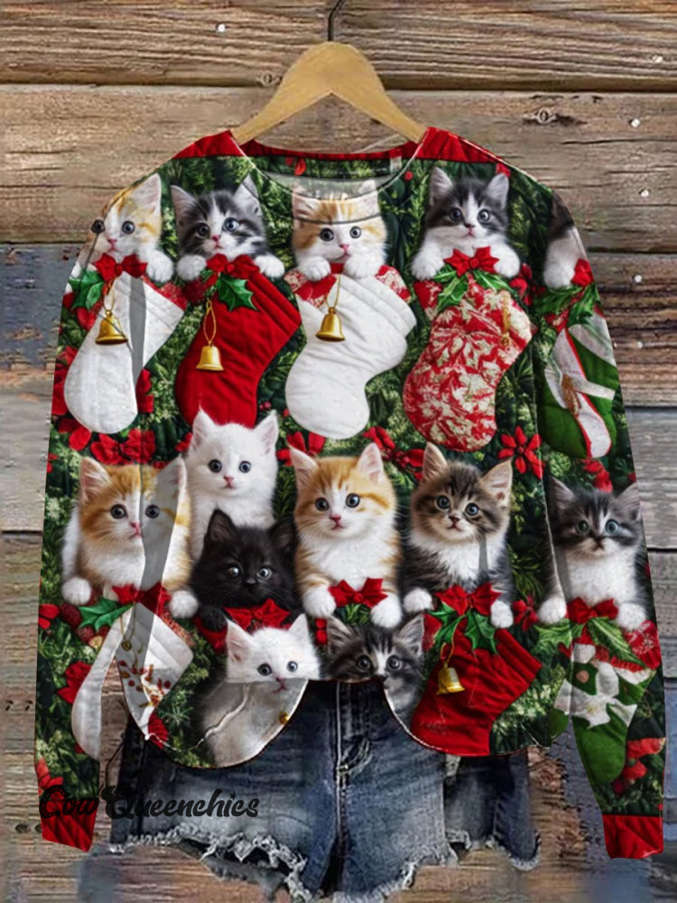 Christmas Cat Art Print Casual Sweatshirt Multicolor / S