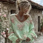 Women's Vintage Pink Flowers Art V-neck Cozy Knit Pullover Sweater - Image 5