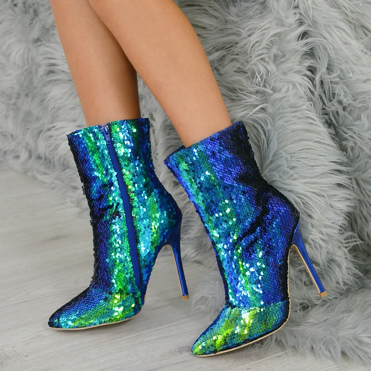Green Sequin Sparkly Boots Stiletto Heel Pointed Toe Booties |FSJ Shoes