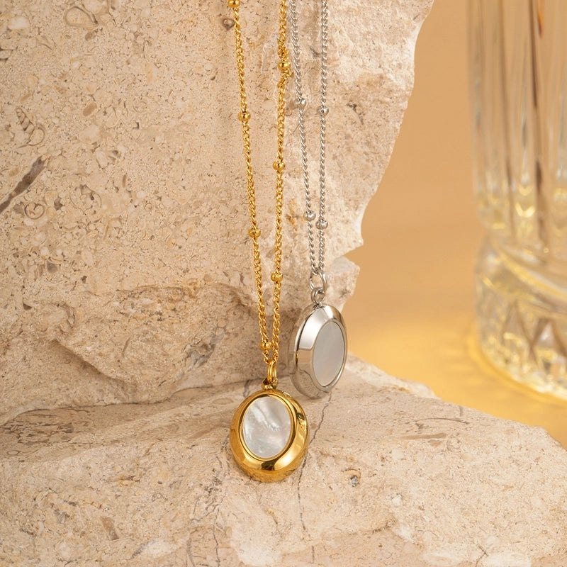 Casual Minimalist Oval Titanium Steel Shell Inlay Pendant Necklace