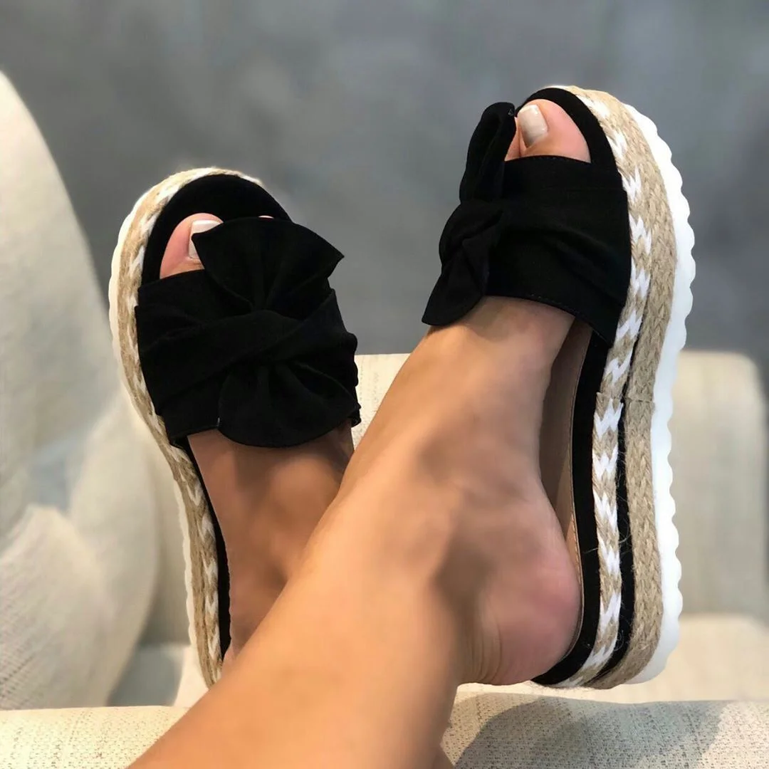 Breakj Breakj 2025 Summer New Bow Beach Women Slippers Thick Bottom Slope And Hemp Rope Large Women's Shoes