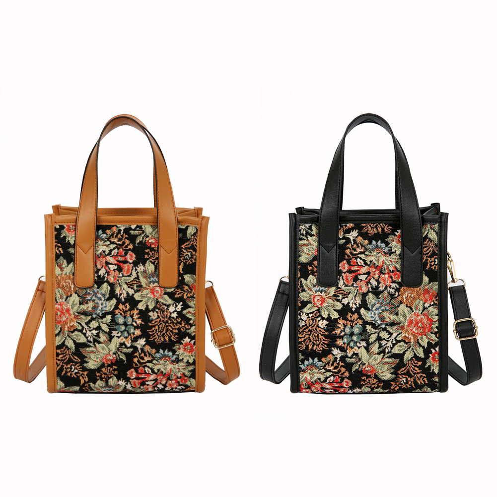 

Vintage Women Floral Print Canvas Square Tote Handbag Flower Shoulder Bag, Black, 501 Original