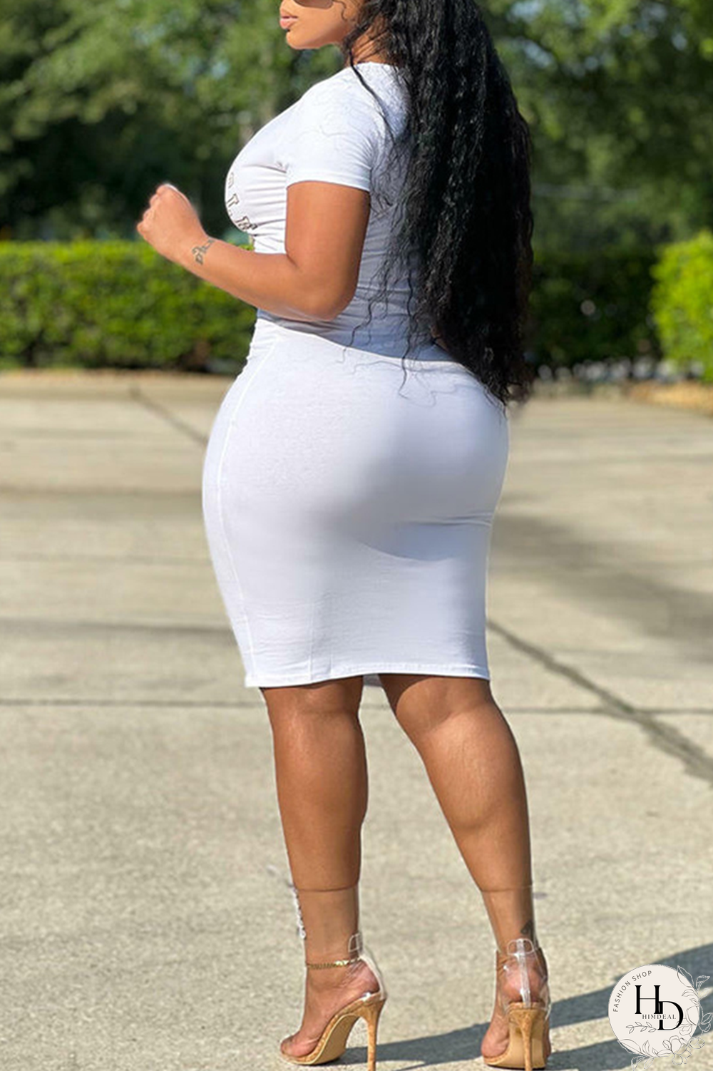 Tangerine Red Fashion Print Patchwork V Neck Pencil Skirt Dresses