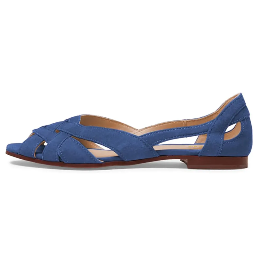 YDN Blue Vegan Suede Peep Toe Cut-Out Flat Sandals for Women