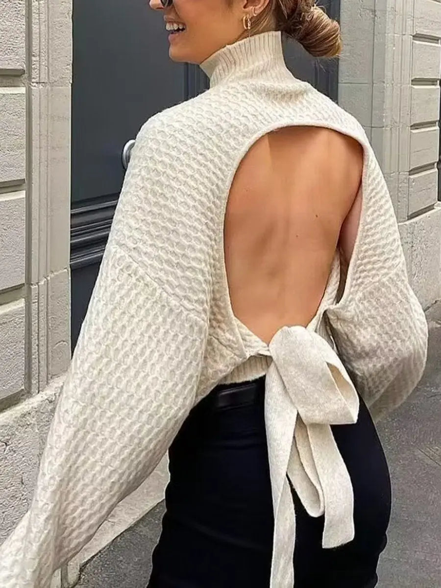Open Back Mock Neck Long Sleeve Cropped Sweater