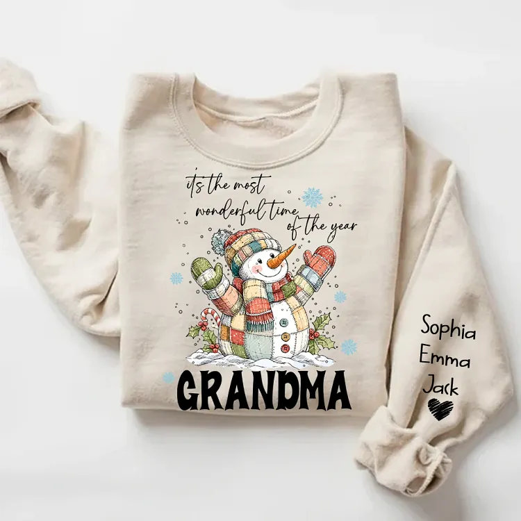 Personalized It&rsquo;s the most wonderful time of the year, Grandma Christmas Sweatshirt, Custom Kids Names, Snowman Sweatshirt, Christmas Gift for Grandma