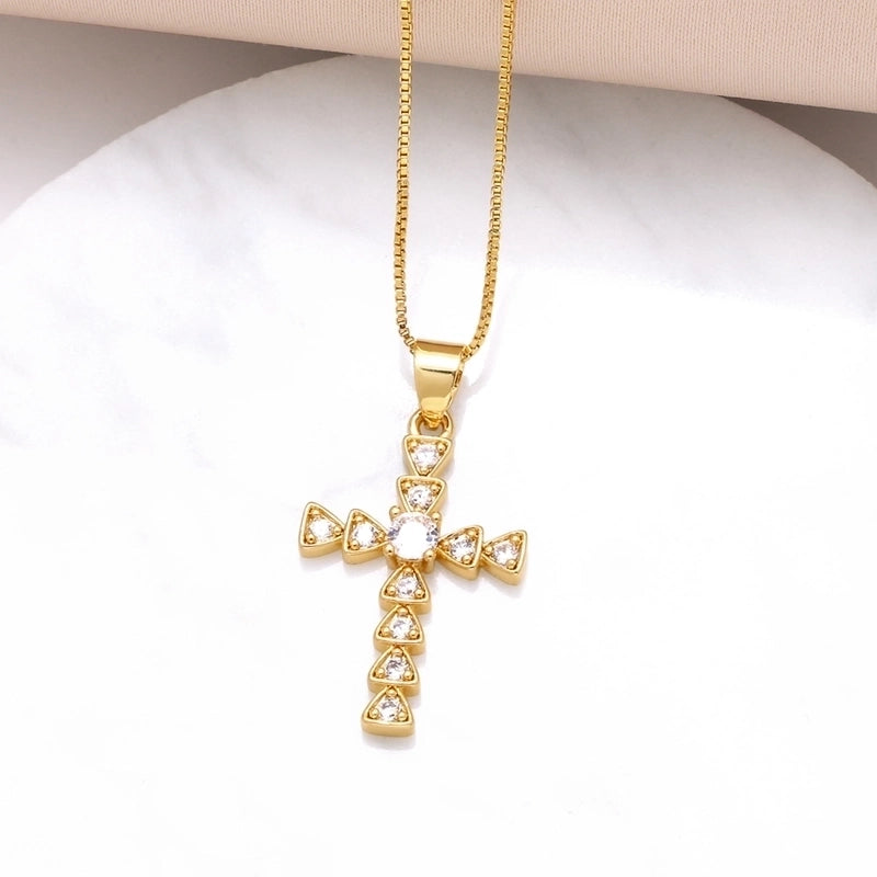 Copper 18K Gold Plated Plating Inlay Cross Zircon Pendant Necklace