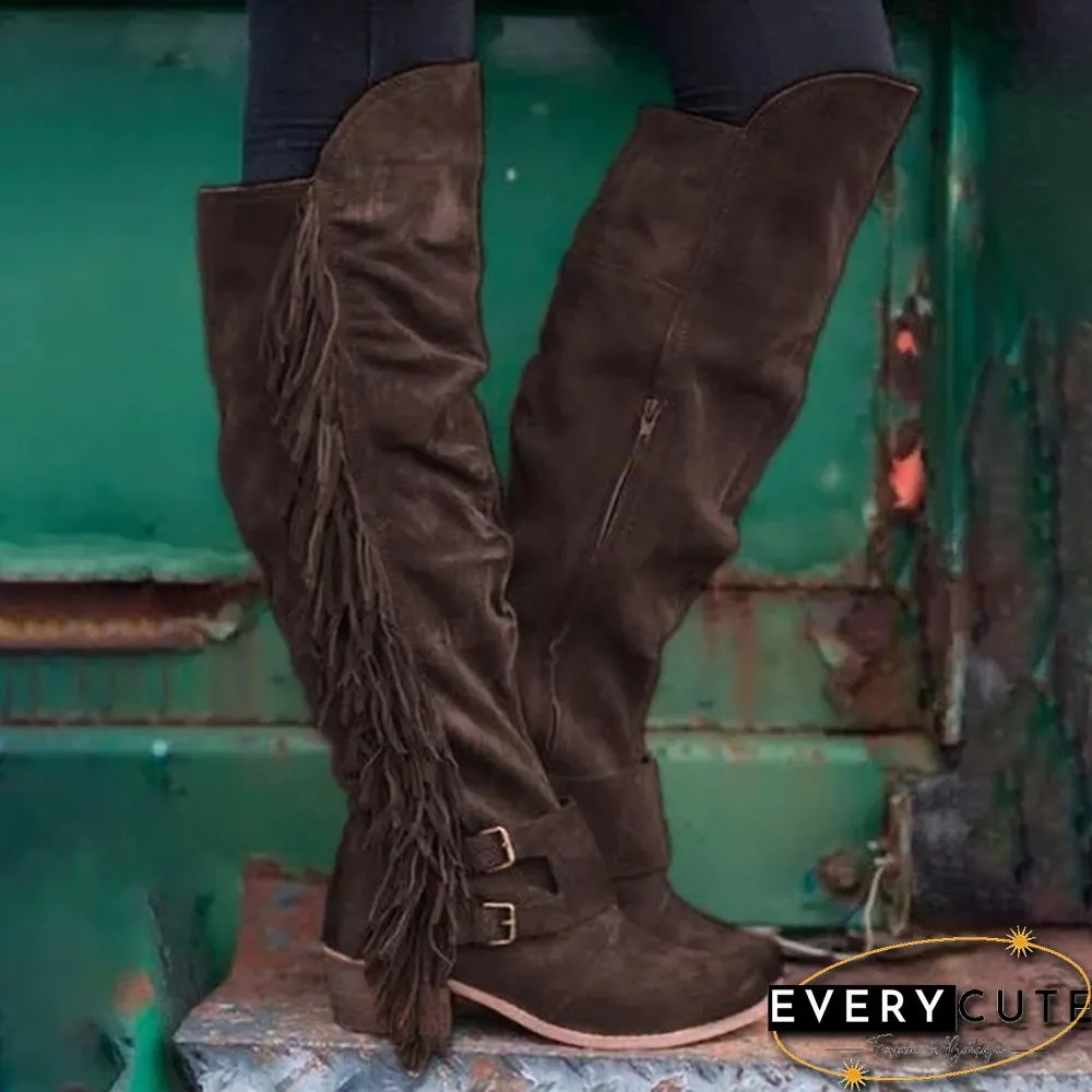Suede Long Boots Women Over Knee Vintage Botas Chunky Heel Side-zipper Round Toe Tassel