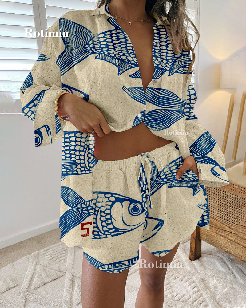 Retro fish pattern print two piece set