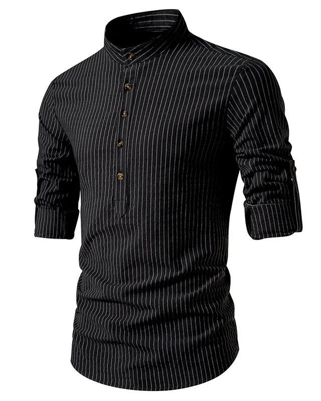 Men's Cotton And Linen Classic Striped Long-Sleeved Shirt 0216