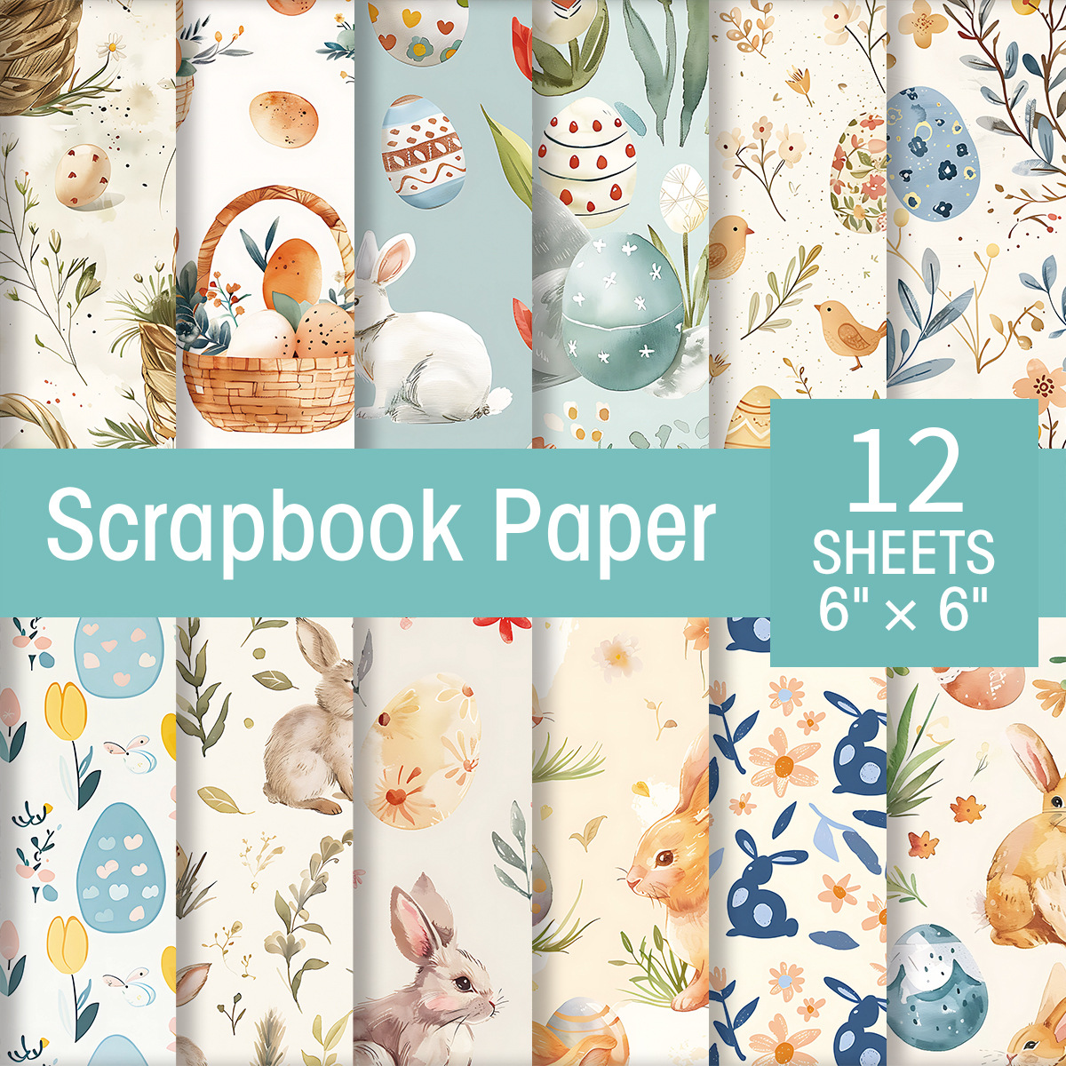 재료 - 부활절 토끼 꽃 무늬 종이 12장