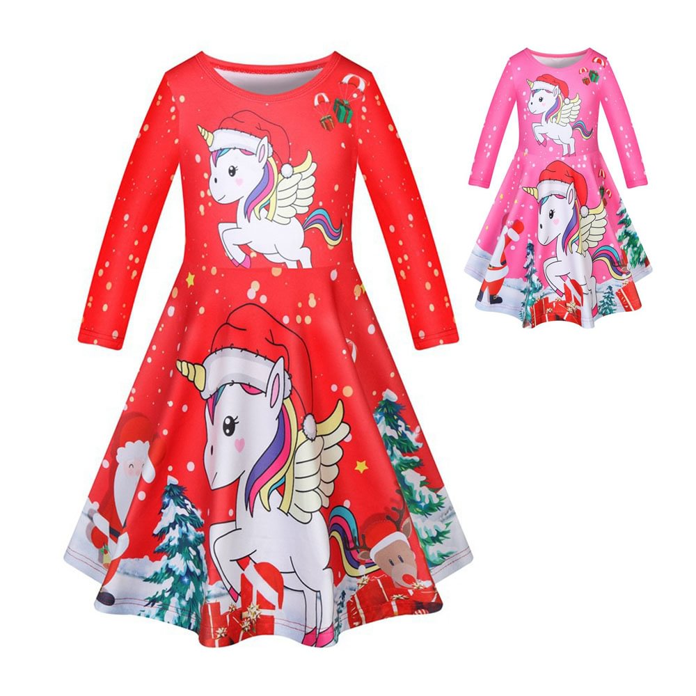 Christmas Dresses Little Girls Princess Pajamas Printed Unicorn Costumes-Pajamasbuy