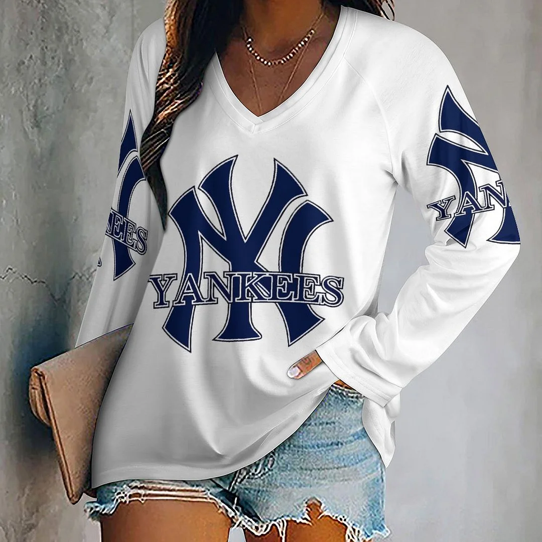 V-neck Long Sleeve Casual T-shirt for  Women and Men Printed with Pattern ,Blue