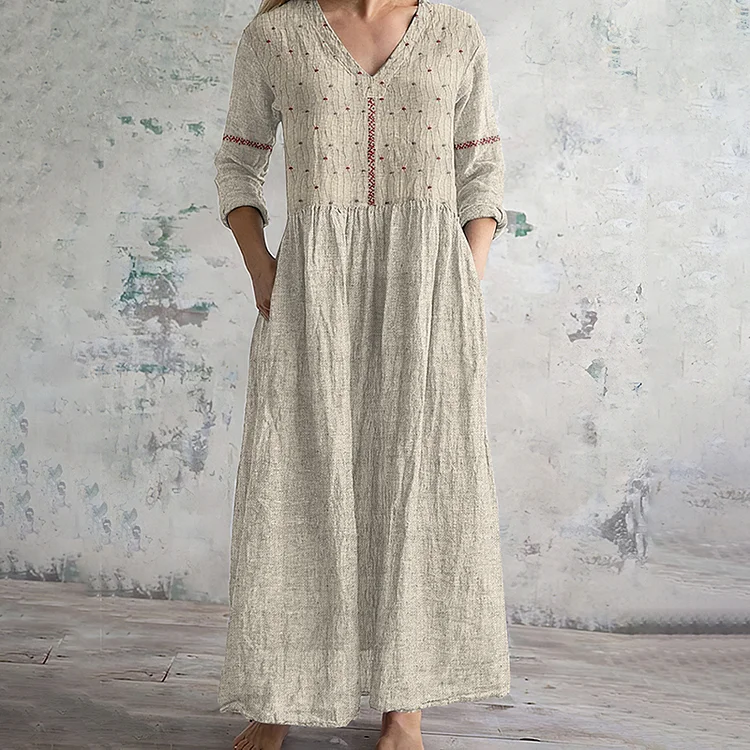 Vintage Floral Embroidered Art Women's Linen Dress