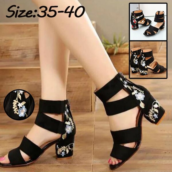 Style Embroidered Mid-heel Sandals Women All-match Thick Heel Elegant Retro Open Toe Embroidered Shoes Women - Life is Beautiful for You - SheChoic