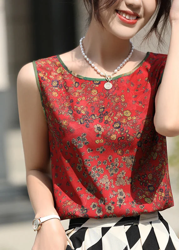 Retro Red Print Patchwork Silk Tops Summer