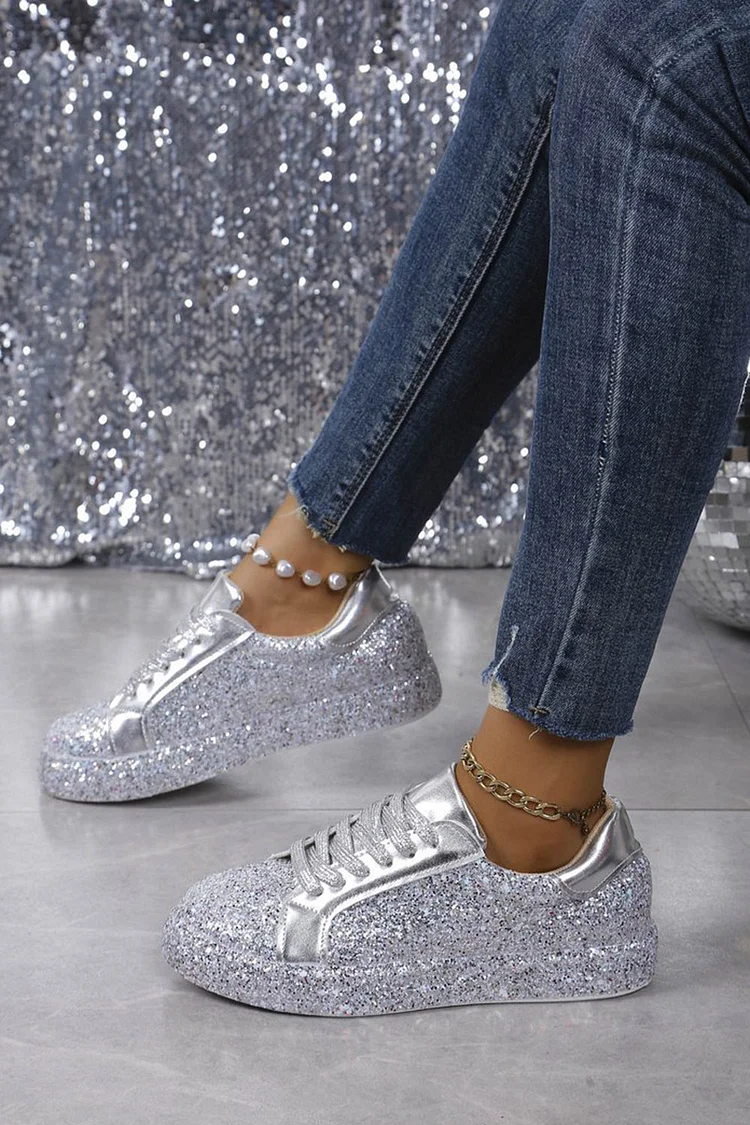 Daily Black Sparkly Sequin Lace-Up Casual Shoes 2024 - Xpluswear