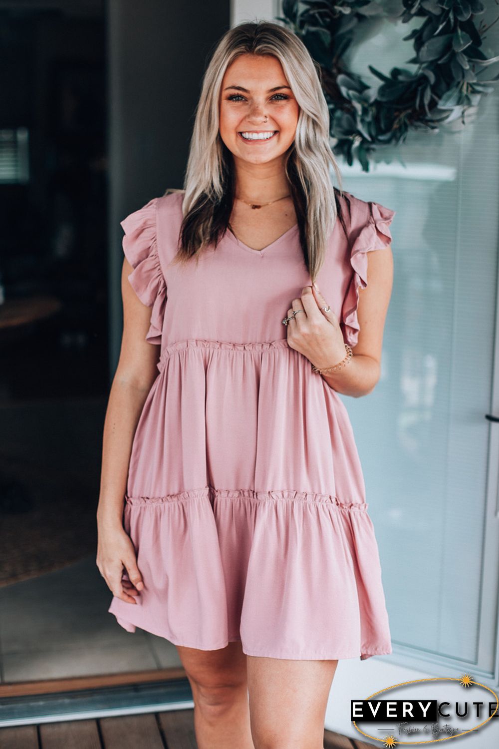 Pink Ruffle Trim Sleeveless A-line Mini Dress
