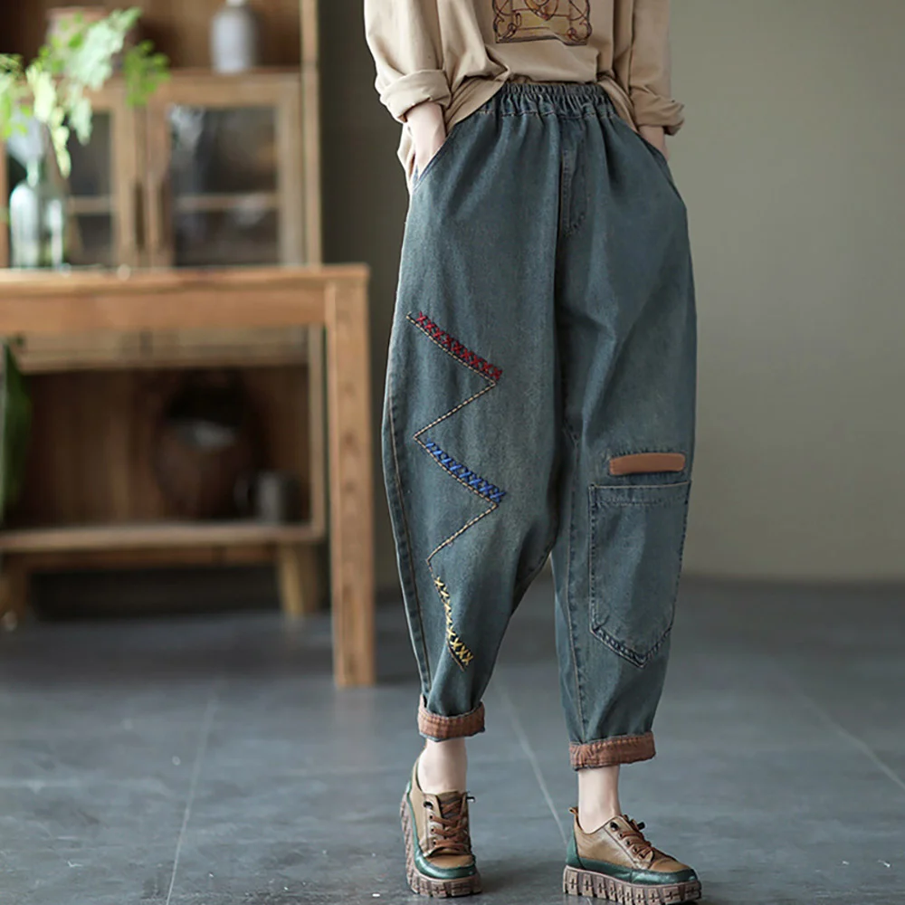 Fashion Rmbroidery Women Jeans Spring Autumn 2023 Casual Straight Loose High Waist Harem Pants Female Baggy Denim Pants