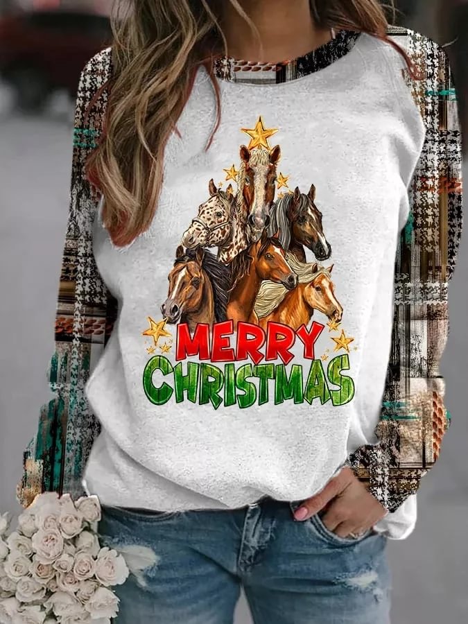 Women's Western Merry Christmas Tree Horses Print Casual Sweatshirt